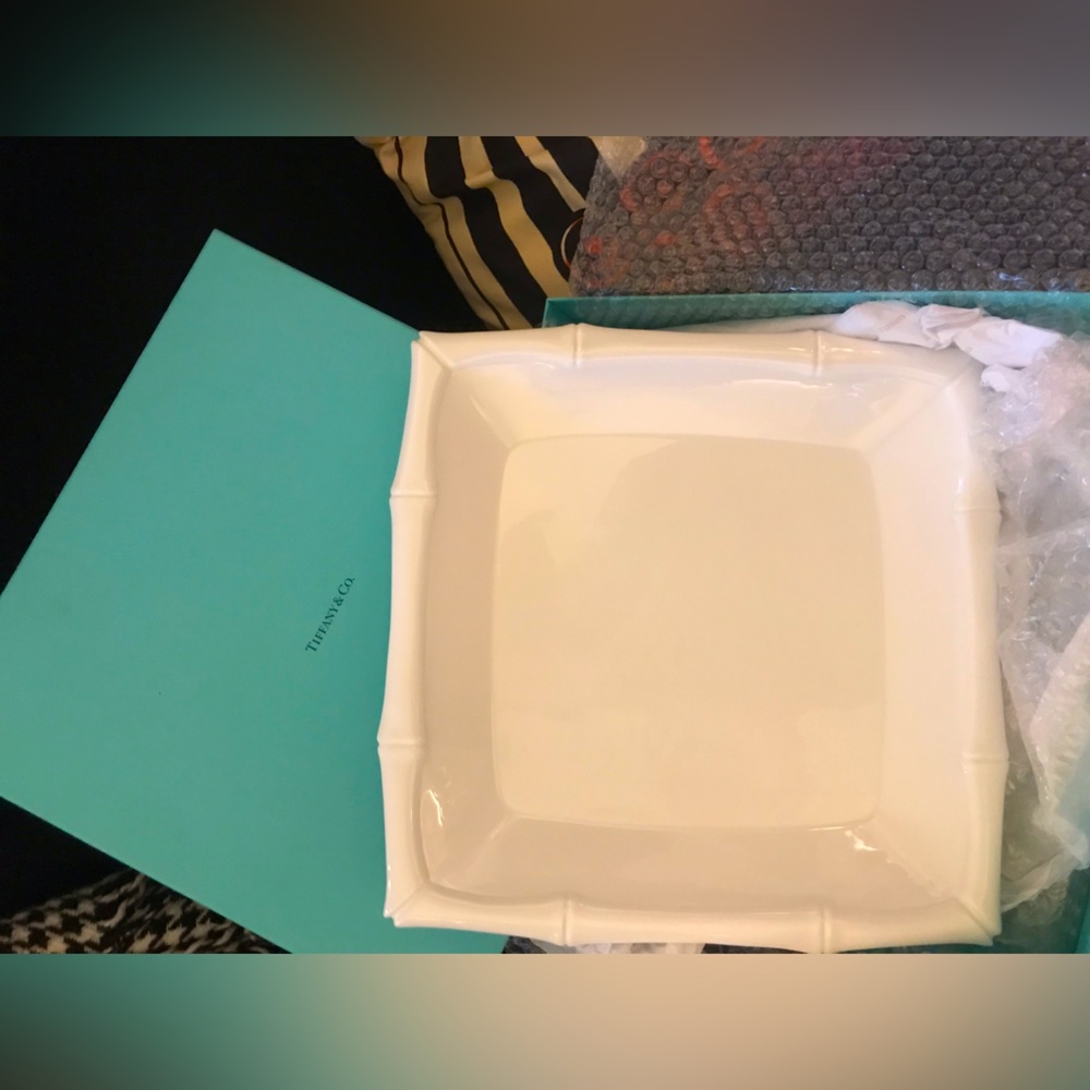 NIB VINTAGE TIFFANY & Co. WHITE BONE CHINA BAMBOO SERVING PLATTER TRAY